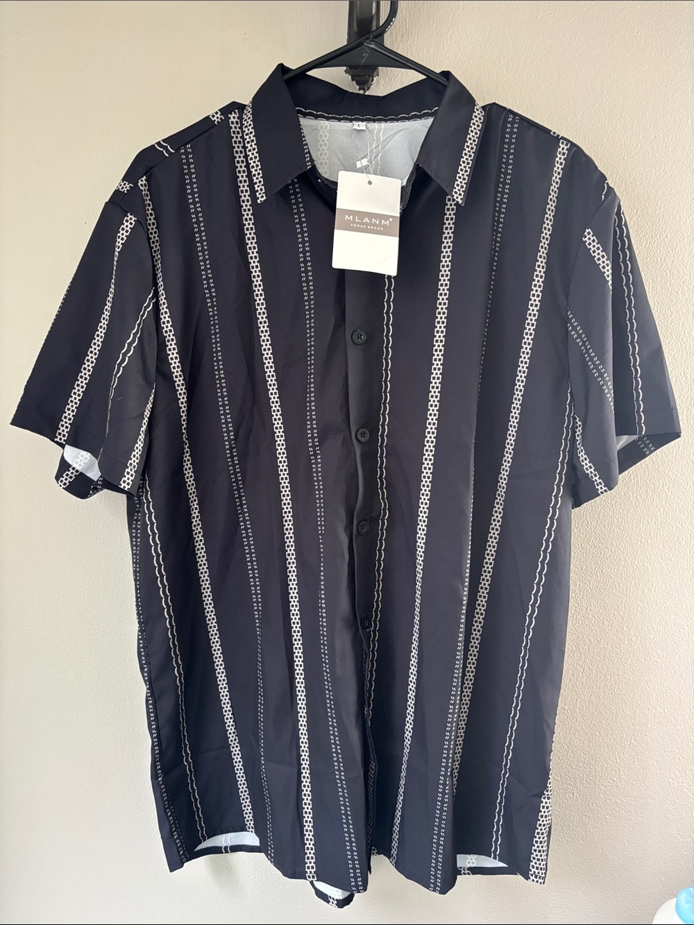 Men’s Black Short-Sleeve Button-Up Shirt with White Vertical Stripes